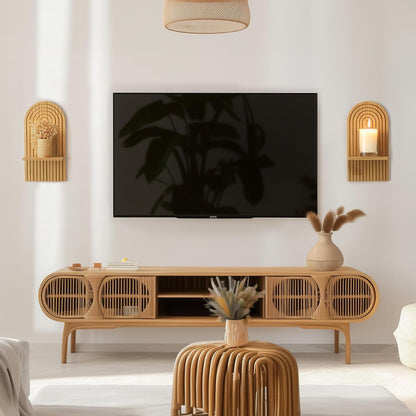 Mid Century Modern Candle Sconces: Set of 2 Walnut Boho Wall Candle Holder Decor for Living Room Fireplace - Arch Candle Shelf for Plants Pillars Candles