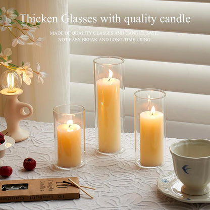 Set of 6 White Pillar Candles with Clear Glass Hurricane Holders- Elegant Cylinder Candle Vases for Weddings, Parties, Centerpieces, Home & Office Decor (White, 6 Set)