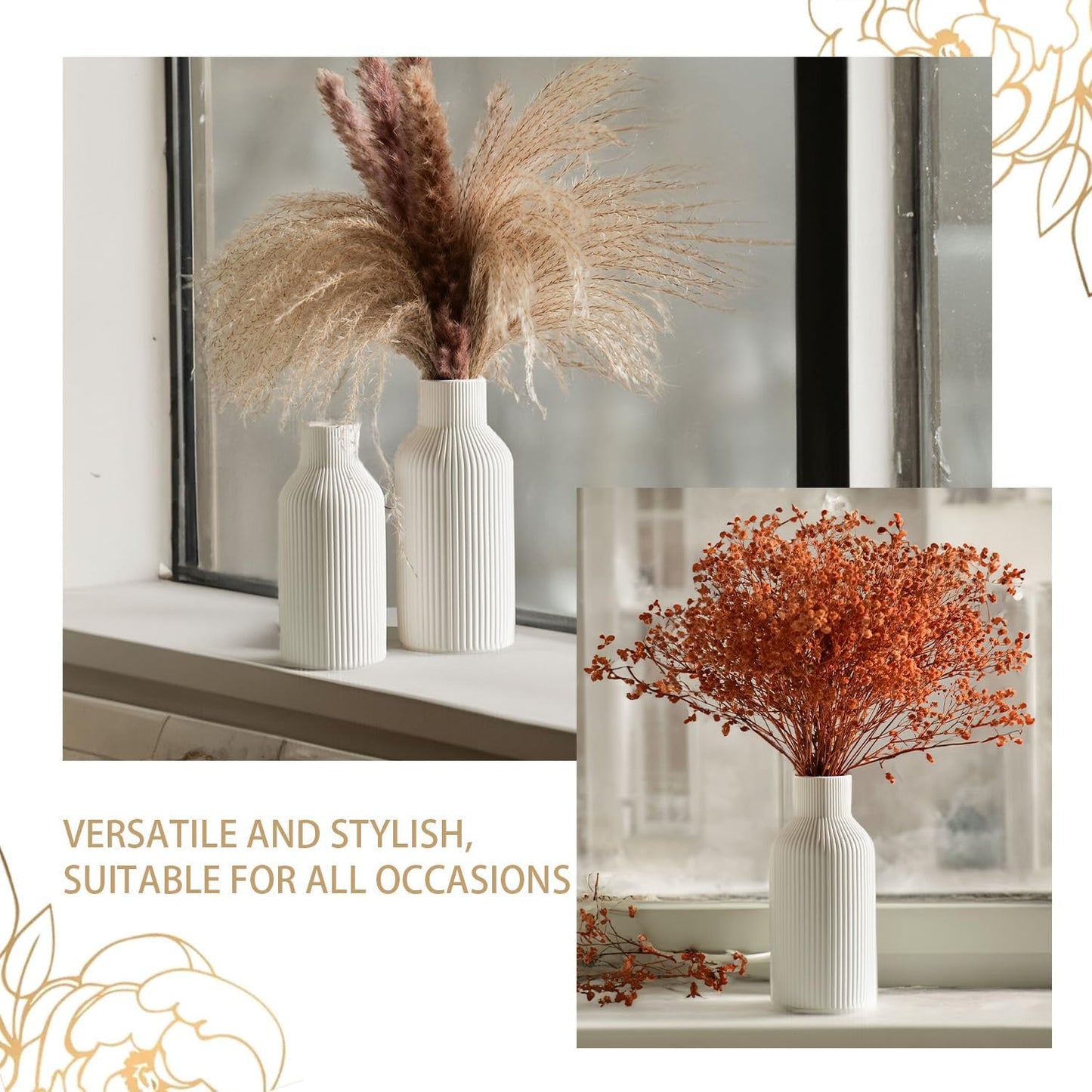 Bohemian White Ceramic Vase - for Pampas Grass, Mantel, Bookshelf, Entryway and Living Room Decor (White, 7in)