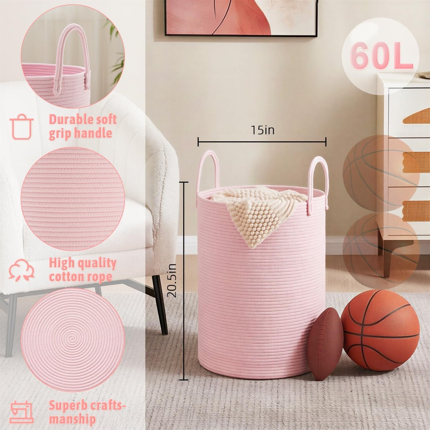 Artfeel Laundry Basket,Woven Cotton Rope Laundry Hamper,60L for Decor Storage of Dirty Clothes,Toys and Blankets in Bathroom,Baby Room and Living Room