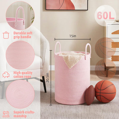 Artfeel Laundry Basket,Woven Cotton Rope Laundry Hamper,60L for Decor Storage of Dirty Clothes,Toys and Blankets in Bathroom,Baby Room and Living Room