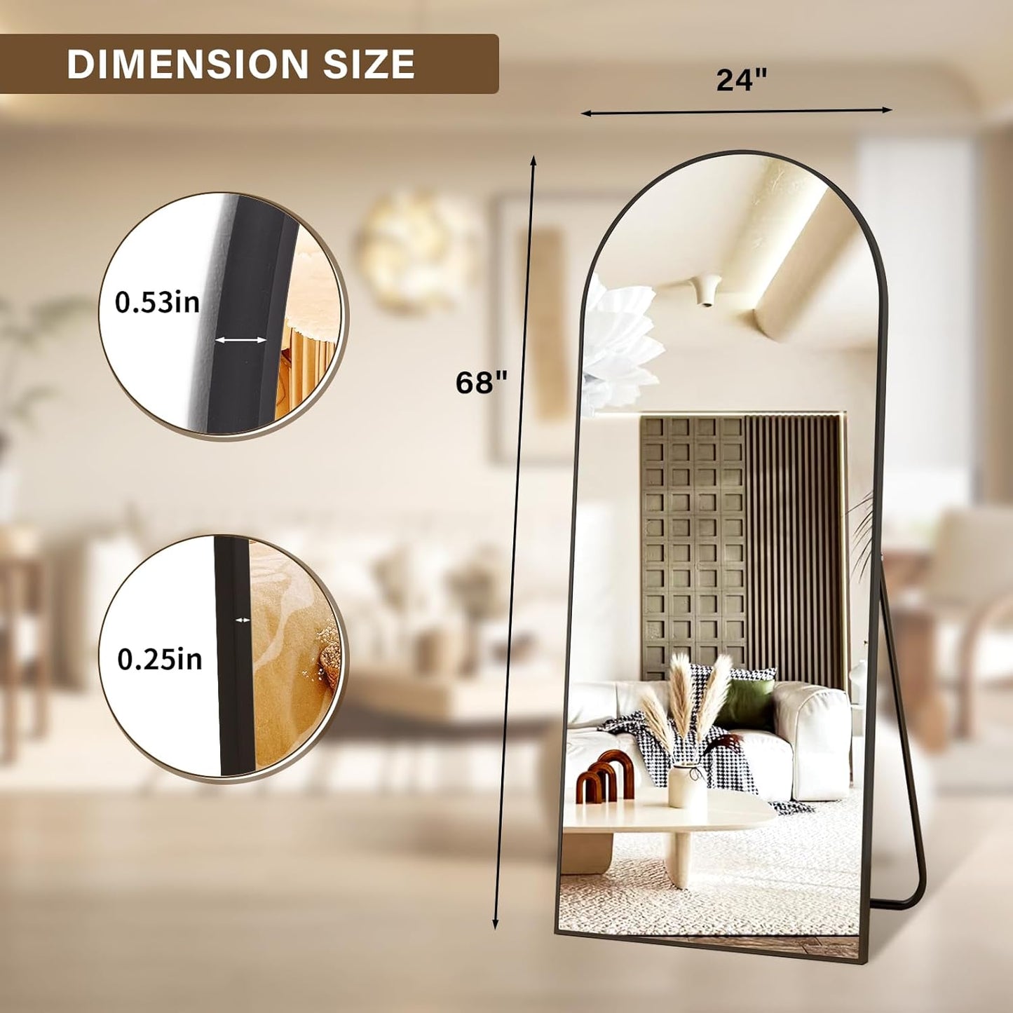XRAMFY 56"x21" Arched Full Length Mirror Floor Mirrors with Aluminum Alloy Frame Free-Standing Wall Mounted Floor Mirrors or Large Dressing Mirror, Black Mirror Full Length