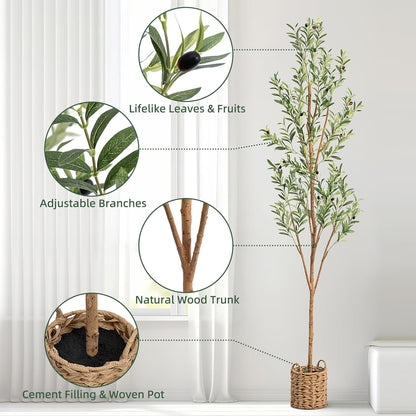 6ft Artificial Olive Tree with LED Fairy Lights, Tall Faux Potted Plant with Woven Basket - Natural Wooden Trunk & Lifelike Leaves & Fruits for Indoor Home Office Foyer Decor Housewarming Gift
