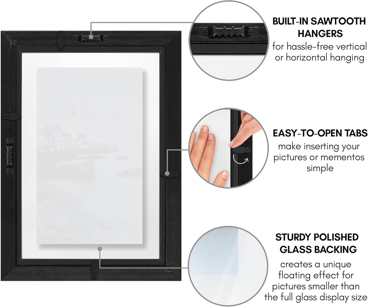 Americanflat 12x18 Floating Picture Frame with Polished Crystal-Clear Glass - Use as 8x10 Picture Frame or Display 5x7 Photo - Signature Float Collection - Photo Frames for Wall Display - Black
