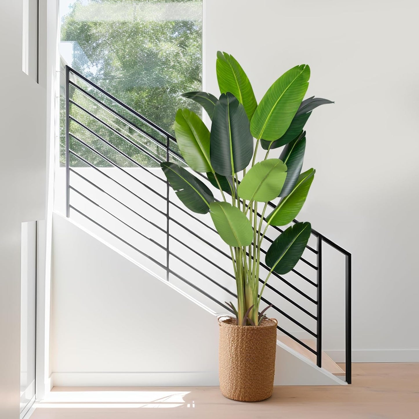 Artificial Bird of Paradise Plant 5.2Ft Fake Tropical Palm Tree with 10Trunks Faux Banana Leaf Trees in Pot for Home Indoor Outdoor Office Modern Decor Housewarming Gift（1Pcs）
