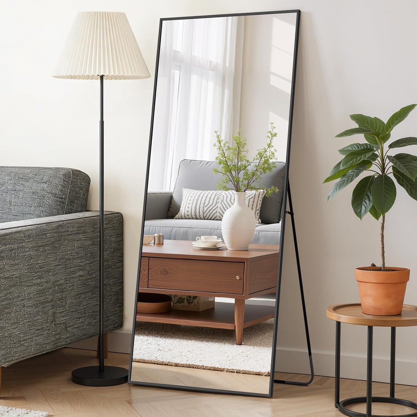 Mirror Full Length 64"x21" Full Body Floor Mirror with Stand, Shatterproof Glass, Aluminum Alloy Frame, Free Standing Wall Mounted or Leaning Arched Mirrors for Bedroom Living Room Entryway