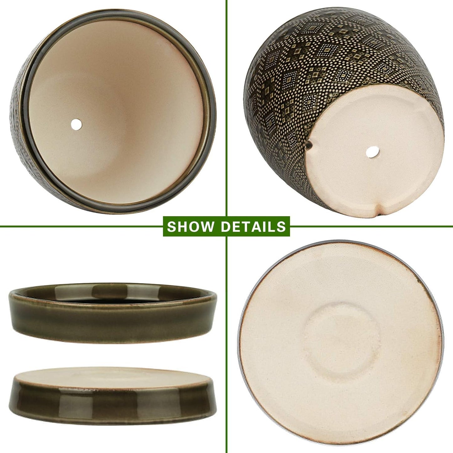 Docrin 3-Pack Ceramic Planters Set - 6.5"+5.3"+4" Dual-Tone Flower Pots with Drainage Holes, Modern Indoor Outdoor Planters for Succulents/Herbs/Large Plants, Home Office (Brownish Black & White)