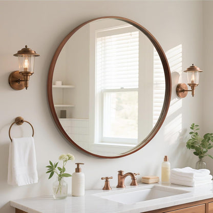 WallBeyond Wood Round Mirror with Wood Frame 24 inch Circle Wall Mirror for Bathroom Round Wall Mirror for Wall Decor, Vanity, Entryway Living Room (Walnut)