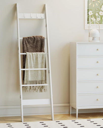 Hzuaneri Blanket Ladder for Living Room, Decorative Quilt Rack with 4 Removable Hooks, 5-Tier Farmhouse Ladder Holder Shelf Organizer for Bedroom, Rustic Brown and Black 02101BBR