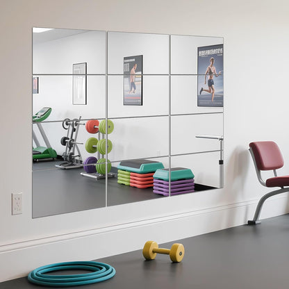 Ruomeng Home Gym Mirrors 12 Inch x 12Pcs Wall Mounted Mirror Glass Frameless Full Length Mirror Tiles for Home Gym, Bedroom, Door & Bathroom