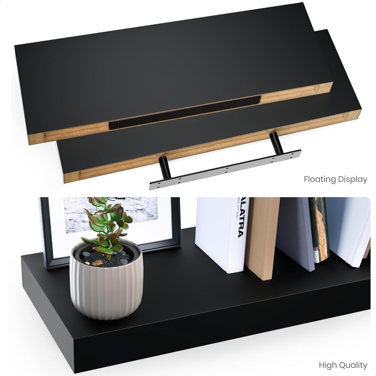 Ballucci Floating Shelves for Wall, 48" Wood Wall Shelf Set of 2, with Invisible Brackets for Bathroom, Living Room, Bedroom, Kitchen, Nursery, 8" Deep, Black