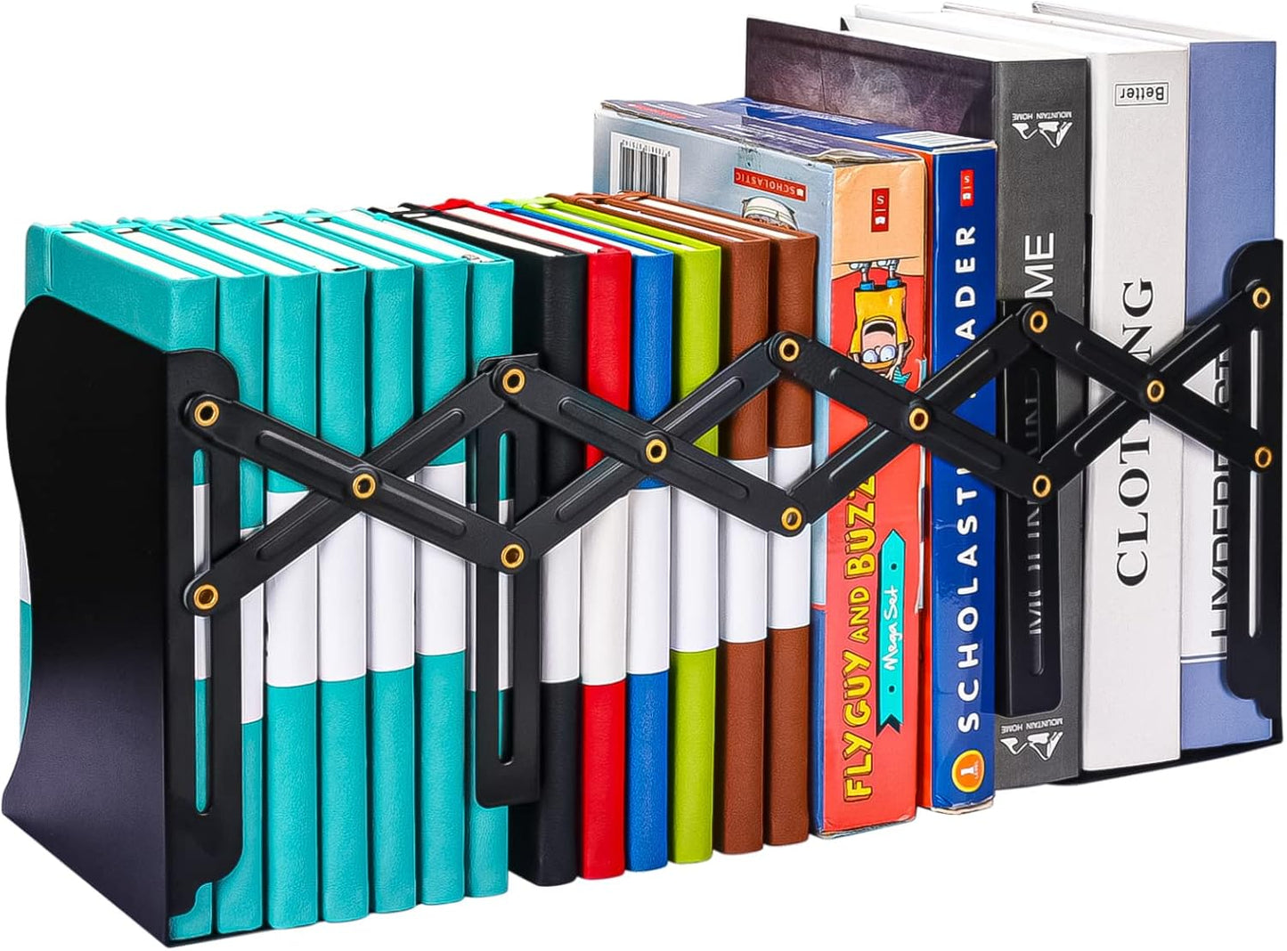 2PCS Adjustable Bookends, Metal Book Ends for Heavy Book, 2 Dividers, Nonslip Book Stander for Desk, Shelf, Office, Stationery Gift, Extends up to 19 inches (Blue)