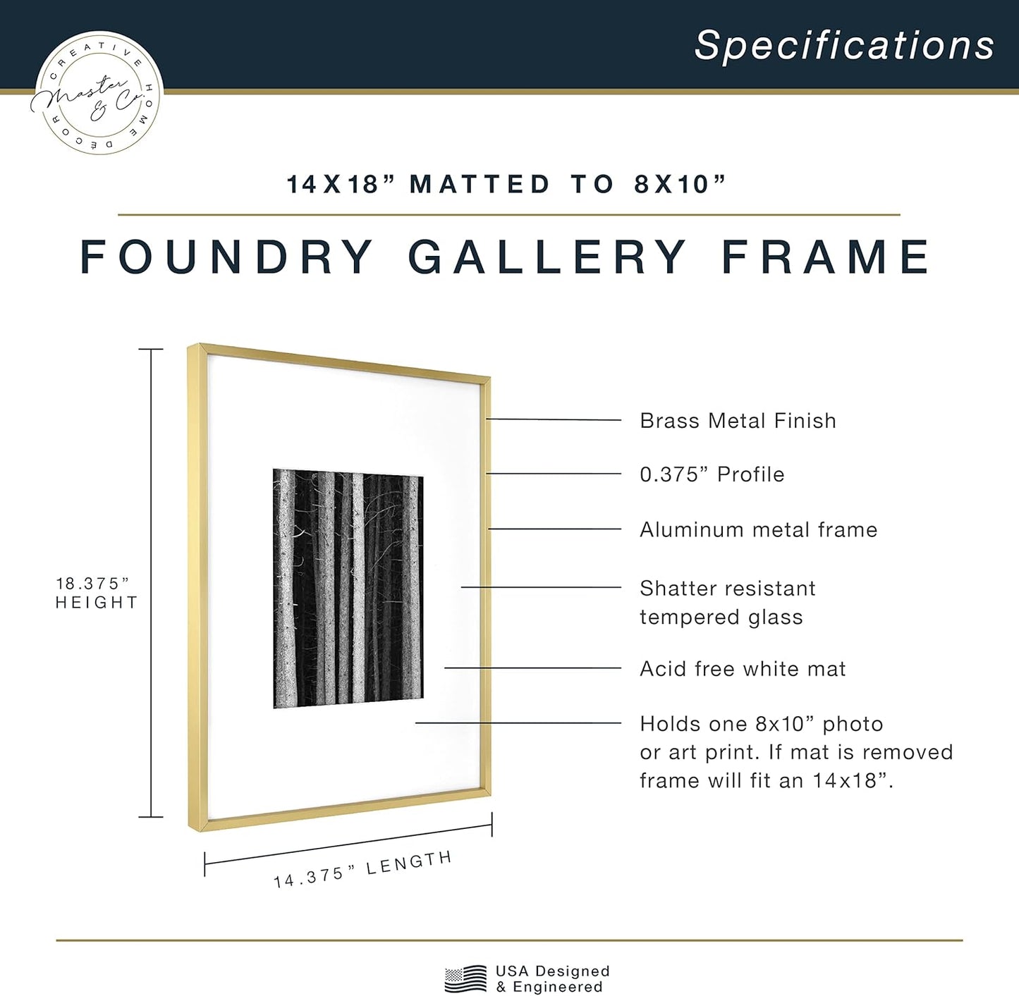 MCS Master & Co. Foundry Metal 18x18 Matted Picture Frame with 8x8 Photo Display, Black Vertical & Horizontal Wall Hanging Frame for Photos & Artwork (1-Pack)