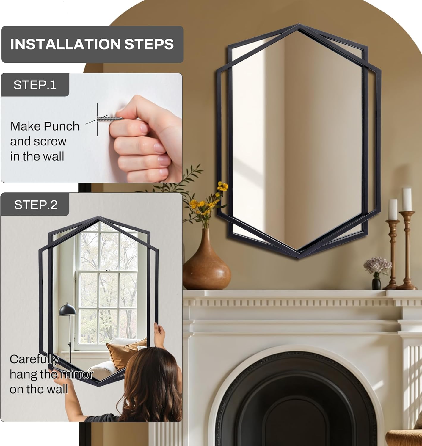 LuxenHome 3 Pieces Black Metal Rectangular Wall Mirror Set Large Vanity Mirror for Bedroom, Black Accent Metal Entryway Wall Mirror, Wall Mounted Mirror Living Room Wall Decor