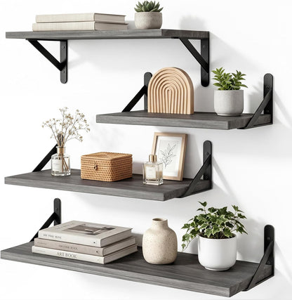 YGEOMER Floating Shelves for Wall, Different Sizes Dark Carbonized Brown Wall Shelves for Living Room, Bathroom, Bedroom, Kitchen, Home Decor (Set of 4)