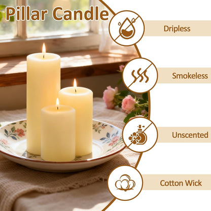12-Pack Ivory Unscented Pillar Candle Set - 2x3, 2x6, 2x8-inch Long-Burning Drip-Free Tapers, 4 Per Size. Ideal for Home Decor, Weddings, Emergencies, and Holidays.