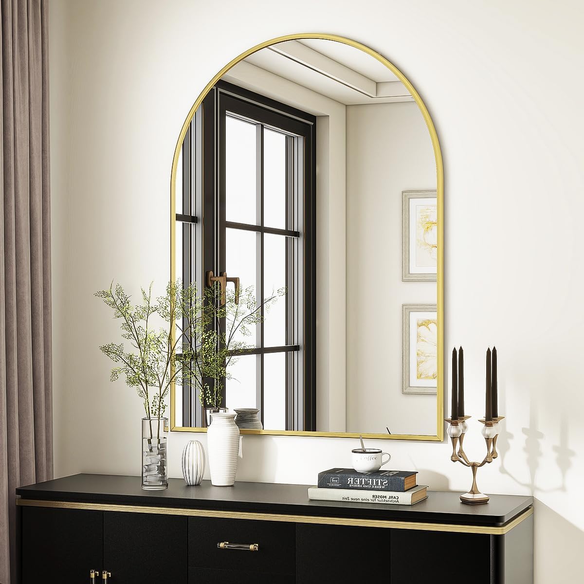 VooBang Arched Wall Mirror, 24 x 36 inch Arch Bathroom Mirror, Wall Mounted Vanity Mirror with Arch Metal Frame, Modern Bathroom Vanity Mirror for Bedroom, Living Room, Hanging or Leaning, Black