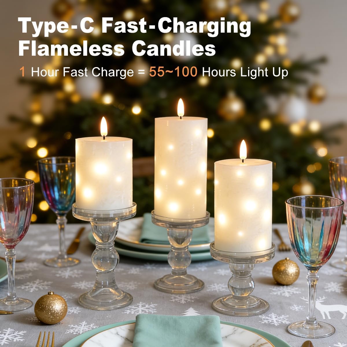 Rechargeable Flameless Glass Pillar Candles–Gifts for Women,–Set of 3, Realistic Flickering LED Light,Remote & Timer, Ideal for Living Room, Bedroom & Festival Wedding Home Party Decor