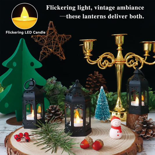 LLQ 8Pcs Mini Lantern with LED Tealight, Vintage Brown Lanterns Decorative, Hanging Candle Lanterns for Halloween Christmas Wedding Table Centerpiece Indian Decor, Garden Fairy Party Decorations