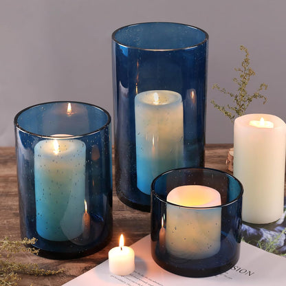 NITIME Hurricane Candle Holder Set of 3 Clear Candle Holders for Pillar Candles, Seeded Bubbles Glass Candle Holder for table centerpiece, Glass Cylinder Vases for Home, Patio and Wedding 8"4.7"3.5"H