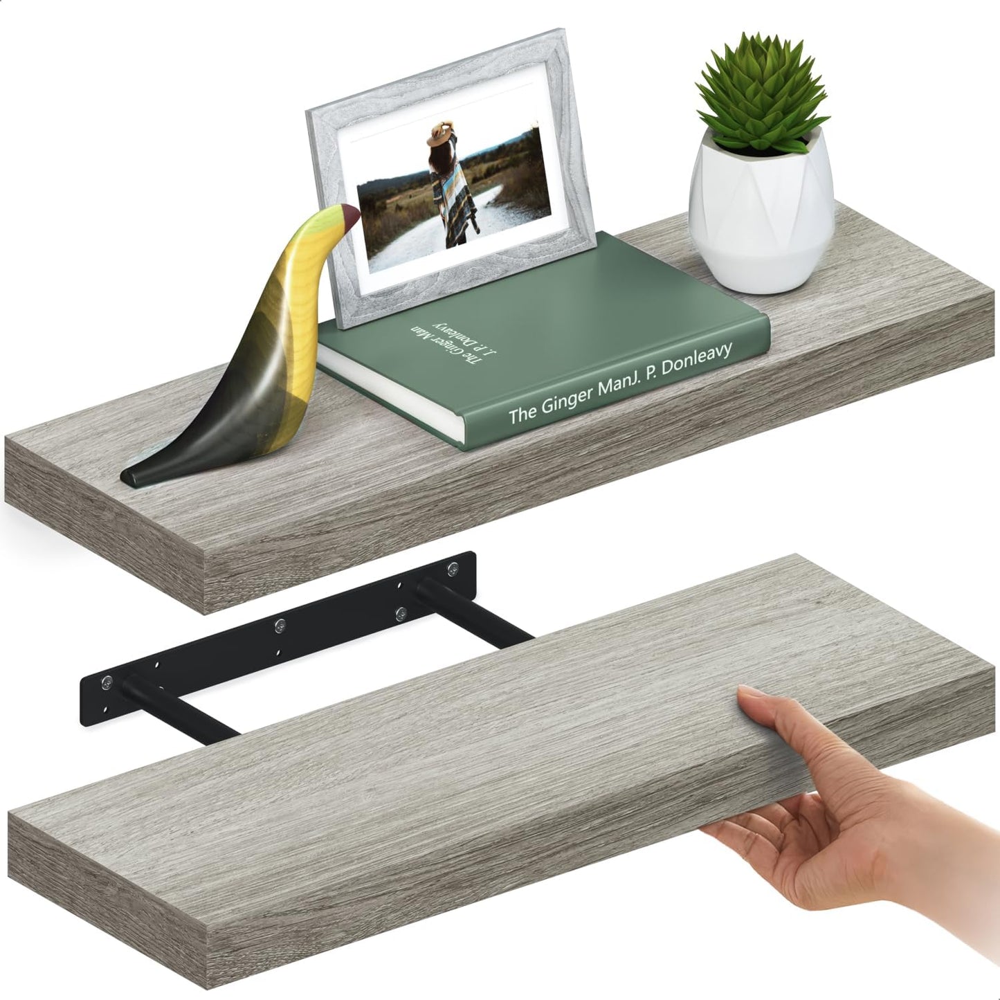Ballucci Floating Shelves for Wall, 48" Wood Wall Shelf Set of 2, with Invisible Brackets for Bathroom, Living Room, Bedroom, Kitchen, Nursery, 8" Deep, Black