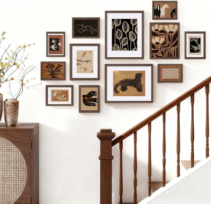 Egofine Picture Frame Set 12 Pack, Picture Frames Collage Wall Decor with Two 11x14, Two 8x10, Four 5x7, Four 4x6 for Wall and Tabletop, Made of Solid Wood, Covered by Plexiglass, Natural Wood