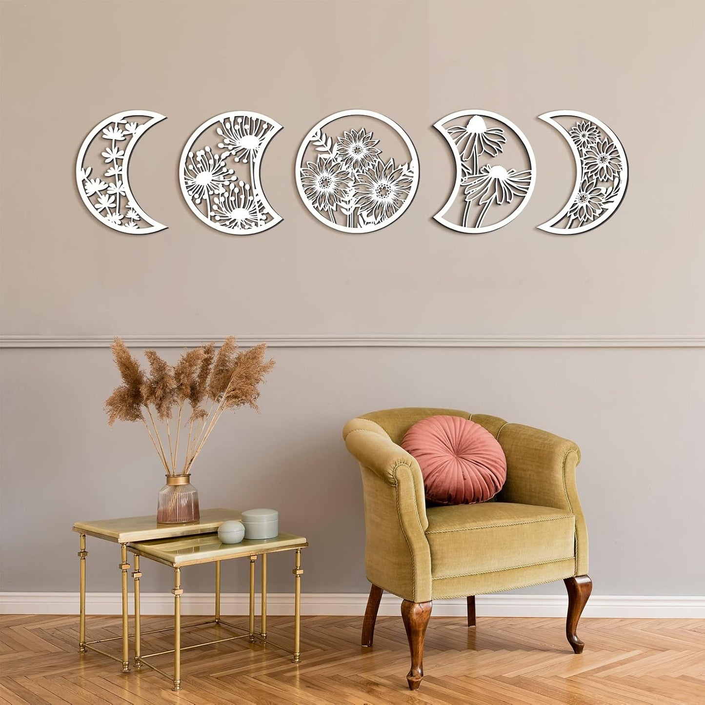 Jetec 5 Pcs Moon Phase Wall Art Decor Wall Pediments Hanging Wooden Phase Spiritual Bedroom Nordic Boho Lunar Aesthetic Art for Living Room Dorm Apartment Ornament(Brown,10.6 Inch,Botanical)