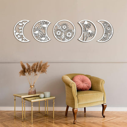 Jetec 5 Pcs Moon Phase Wall Art Decor Wall Pediments Hanging Wooden Phase Spiritual Bedroom Nordic Boho Lunar Aesthetic Art for Living Room Dorm Apartment Ornament(Brown,10.6 Inch,Botanical)
