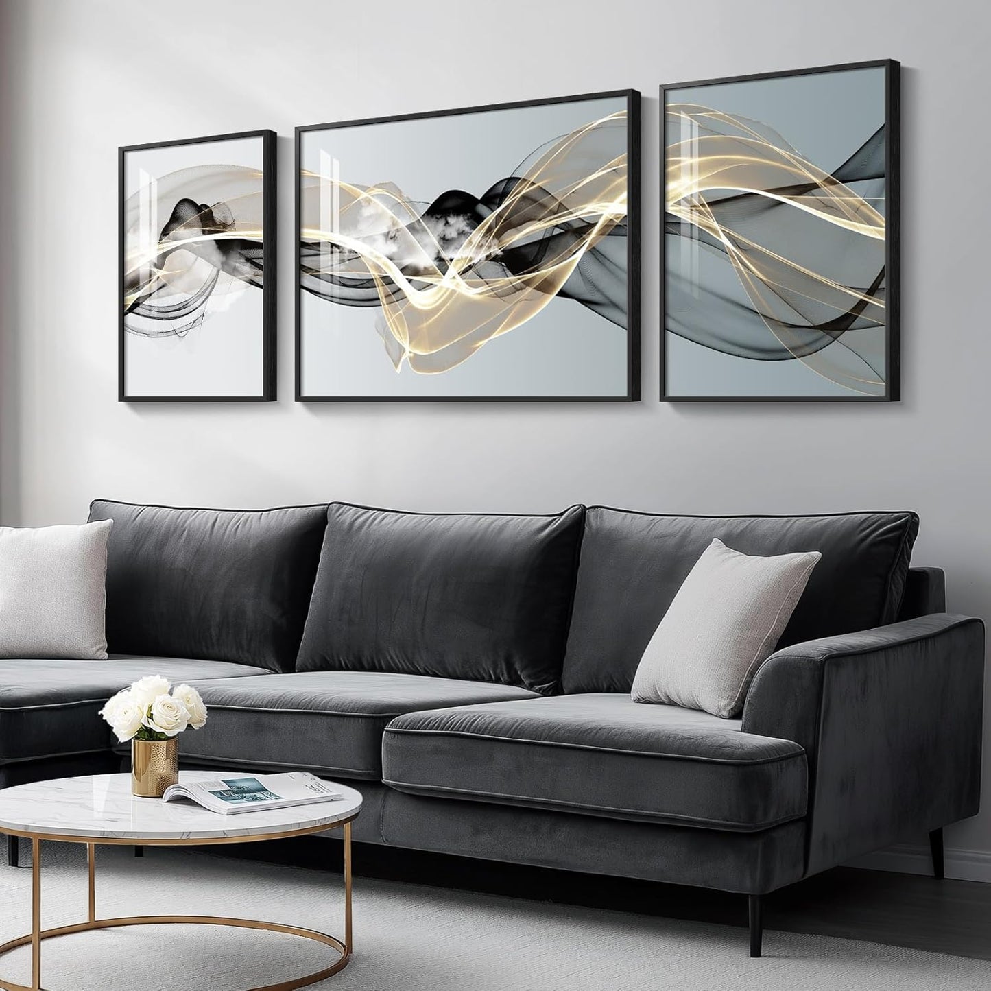 Framed Modern Luxury Gold Wall Art, Set of 3 Piece Contemporary Paintings Artwork for Walls, Golden Prints Pictures with Gold Frame, Wall Decor for Living Room, Hallway, Bedroom, Office 16x24 Inch