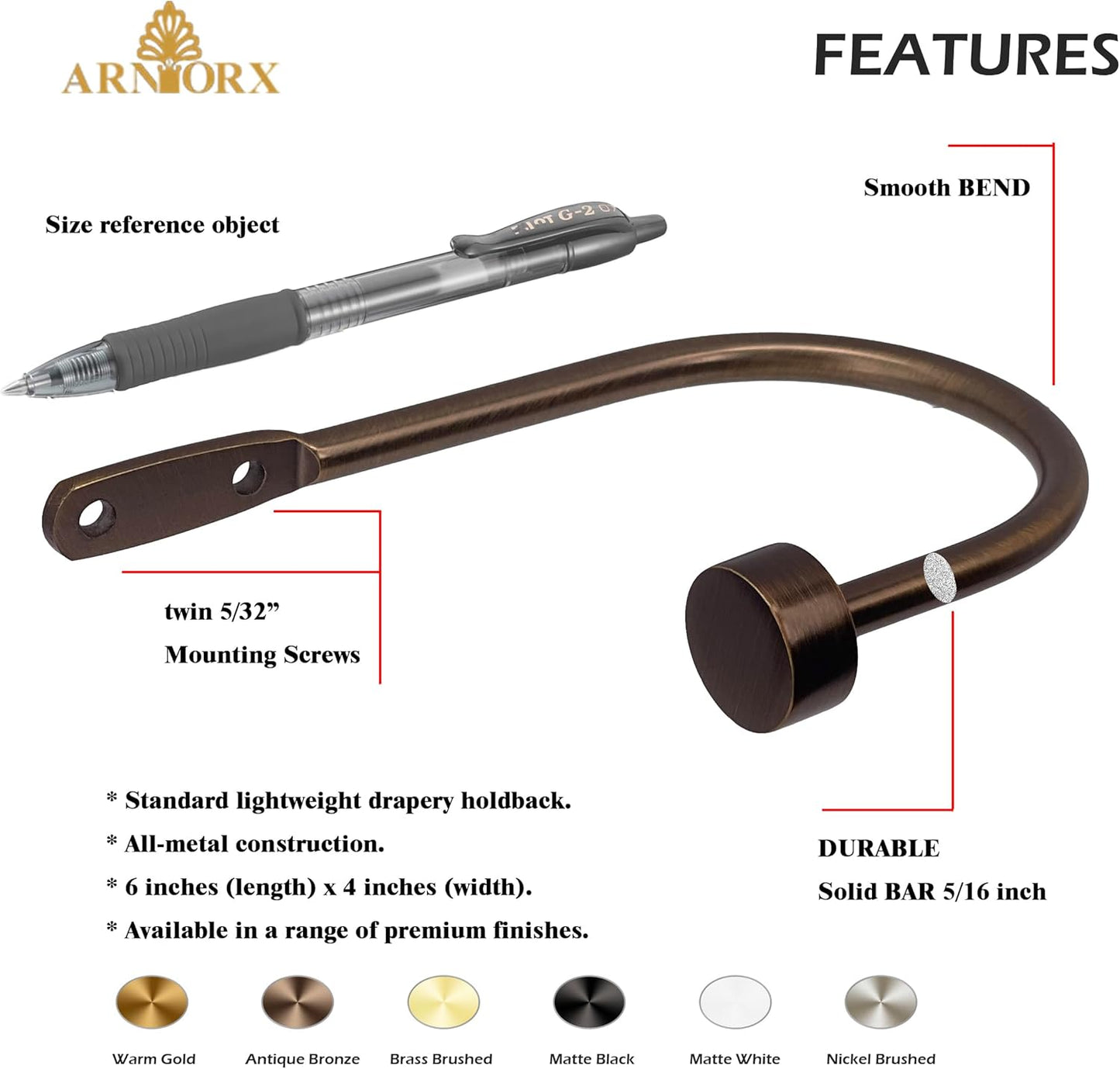 Quality Curtain Holdbacks, Solid Steel Curtain Holdback with Disk Finial,Electroplate Finishes, Set of 2 Window Curtain Tieback Hooks, Warm Gold
