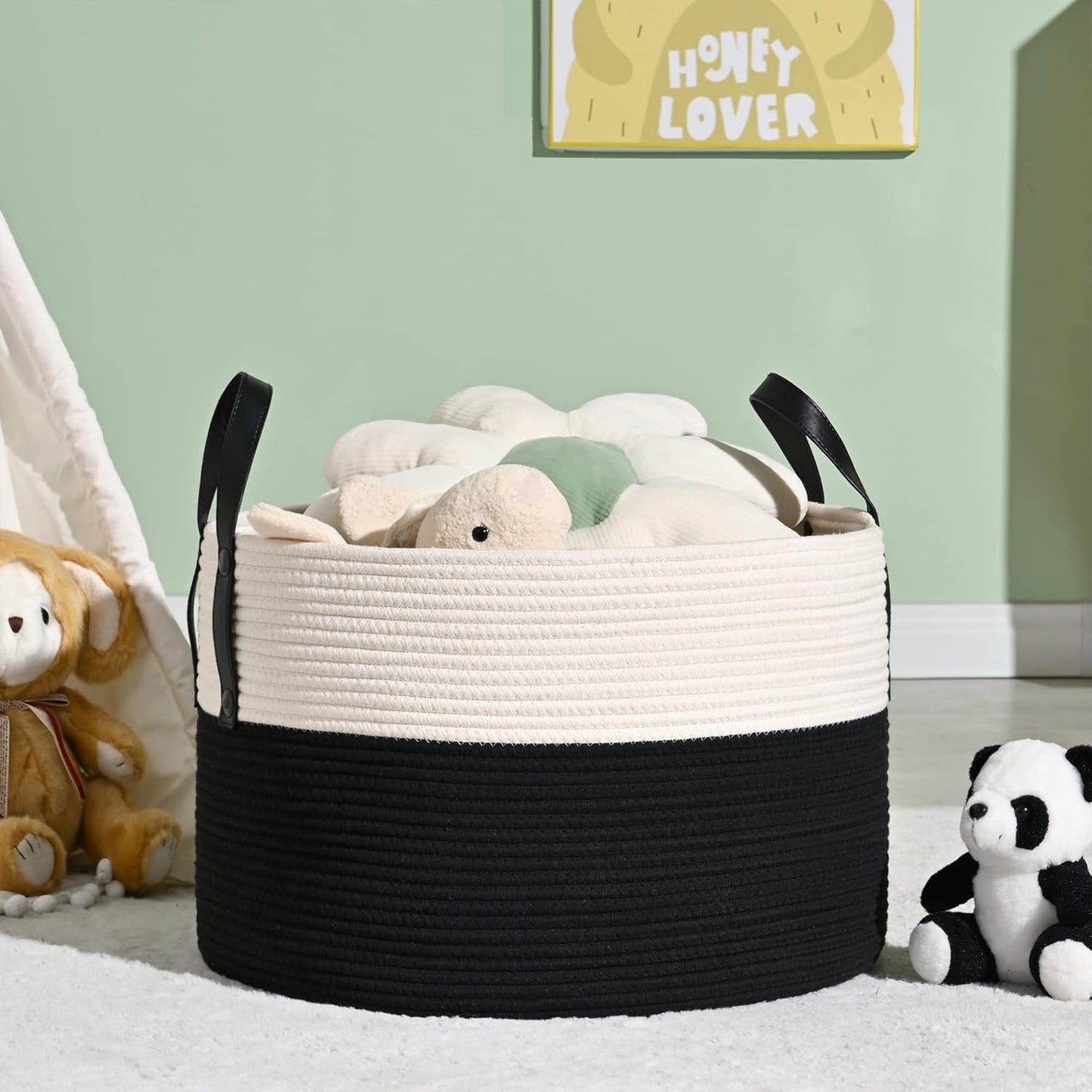 KAKAMAY Large Blanket Basket (20"x13"),Woven Baskets for storage Baby Laundry Hamper, Cotton Rope Blanket Basket for Living Room, Laundry, Nursery, Pillows, Baby Toy chest (White/Brown)
