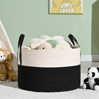 KAKAMAY Large Blanket Basket (20"x13"),Woven Baskets for storage Baby Laundry Hamper, Cotton Rope Blanket Basket for Living Room, Laundry, Nursery, Pillows, Baby Toy chest (White/Brown)