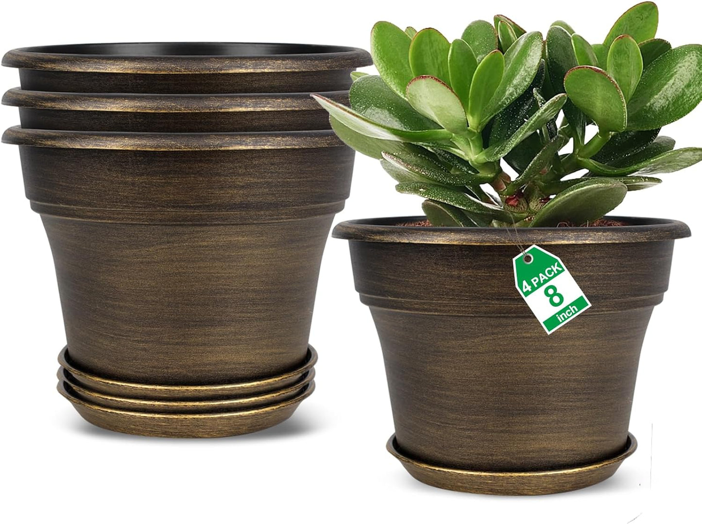 Fodetyff 10 Inch Planters Plant Pots Indoor Outdoor, 4 Pack Plastic Flower Pot for Indoor Plants with Drainage Holes & Trays, Resin Decorative Container Sets with Saucer for House Garden Copper