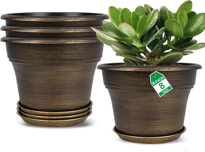 Fodetyff 10 Inch Planters Plant Pots Indoor Outdoor, 4 Pack Plastic Flower Pot for Indoor Plants with Drainage Holes & Trays, Resin Decorative Container Sets with Saucer for House Garden Copper