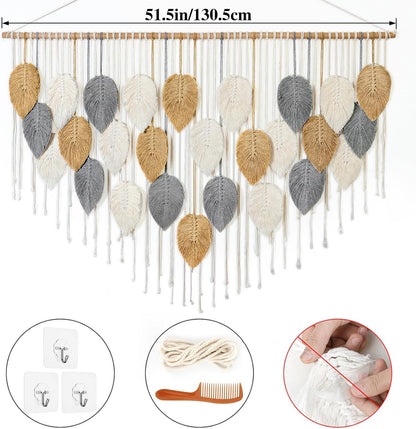 KHOYIME Large Macrame Wall Hanging Boho Woven Tapestry, Chic Home Decor Modern Bohemian Handmade Leaf Feather Wall Art Decorations for Apartment Dorm Living Room Bedroom Nursery Backdrop 39"W X 29.5"L