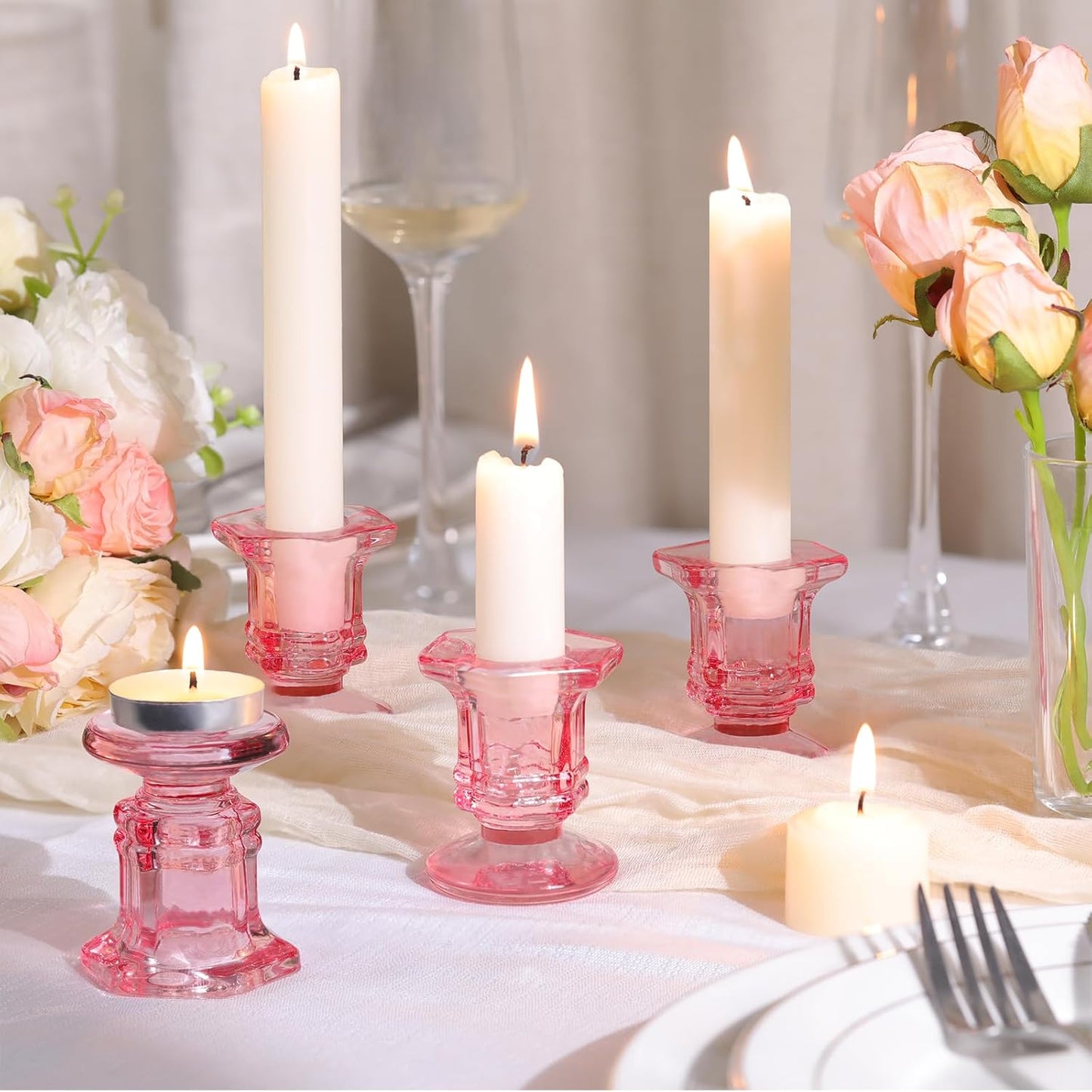 Lanttu Candlestick Holders Bulk, 12 Pcs Glass Candle Holders Set Clear, Crystal Taper Candle Holder for Wedding, Table Centerpiece, Home Decoration