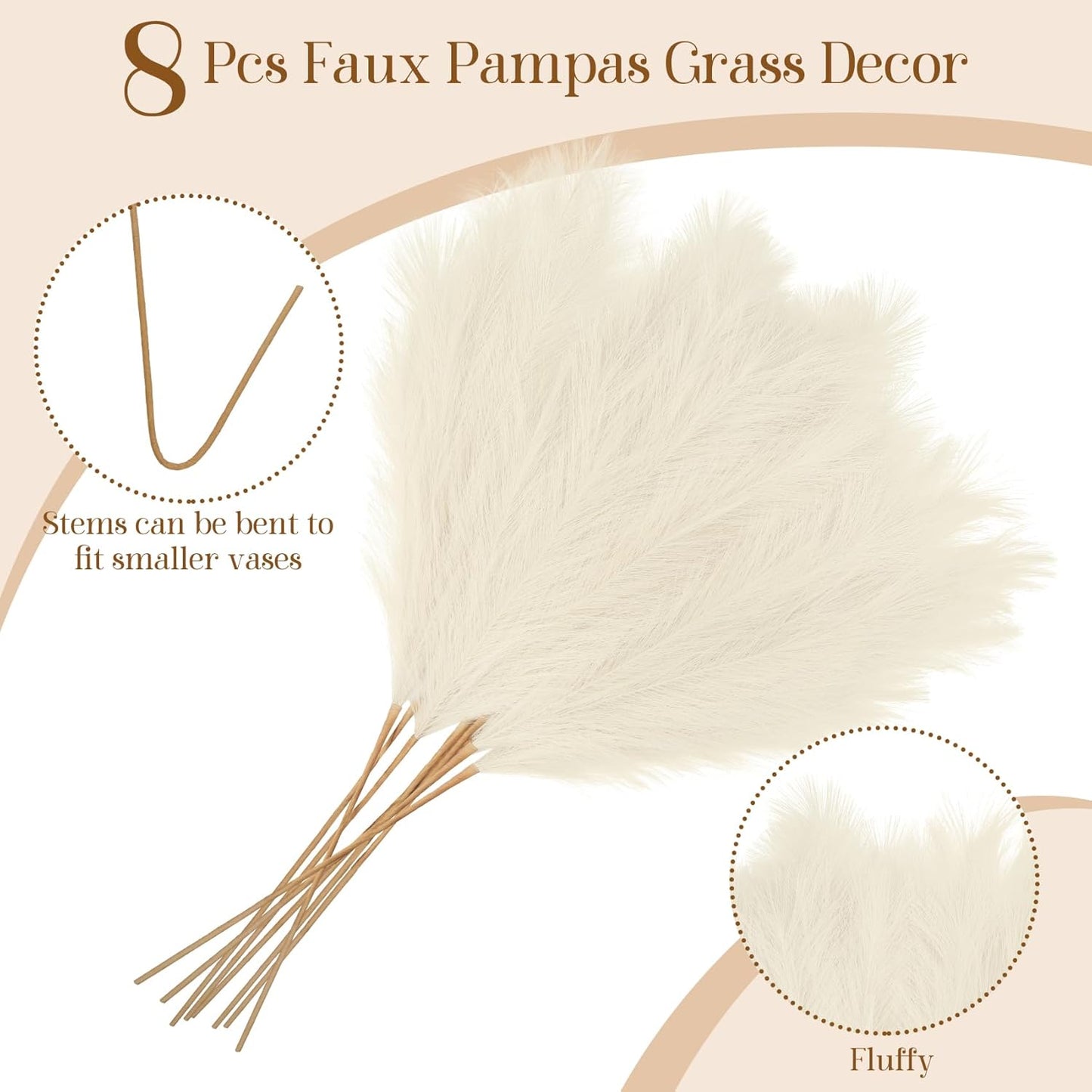 Ouddy Decor 8 Pcs Faux Pampas Grass Decor 38''/97cm Tall Artificial Large Pompous Pompas Floral Fluffy Fake Plants Floor Vase Filler for Wedding Kitchen Home Boho Decorations, Mixed Beige