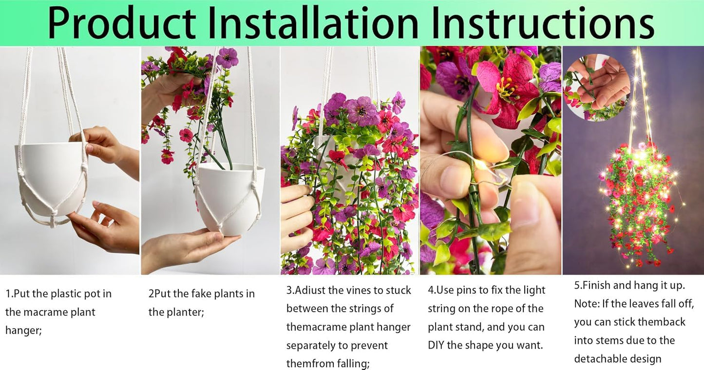 Comtelek Fake Hanging Plants with Lights Artificial Plants for Home Decor Macrame Plant Hanger with Fake Vines Faux Hanging Planter for Wall Ceiling Bedroom Bathroom Kitchen Office Boho Decor Indoor