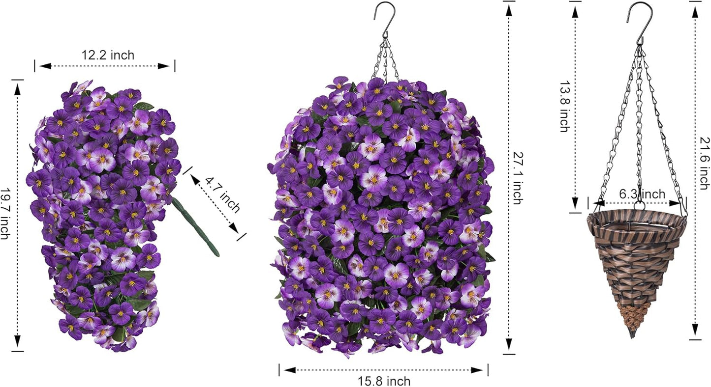 HyeFlora Artificial Flowers for Outdoors, 2pcs Faux Silk Pansies Flowers UV Resistant Fake Hanging Flower Plants for Outside Planters Porch Yard Patio Window Box (Mix Purple)