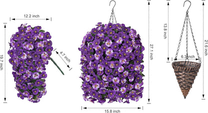 HyeFlora Artificial Flowers for Outdoors, 2pcs Faux Silk Pansies Flowers UV Resistant Fake Hanging Flower Plants for Outside Planters Porch Yard Patio Window Box (Mix Purple)