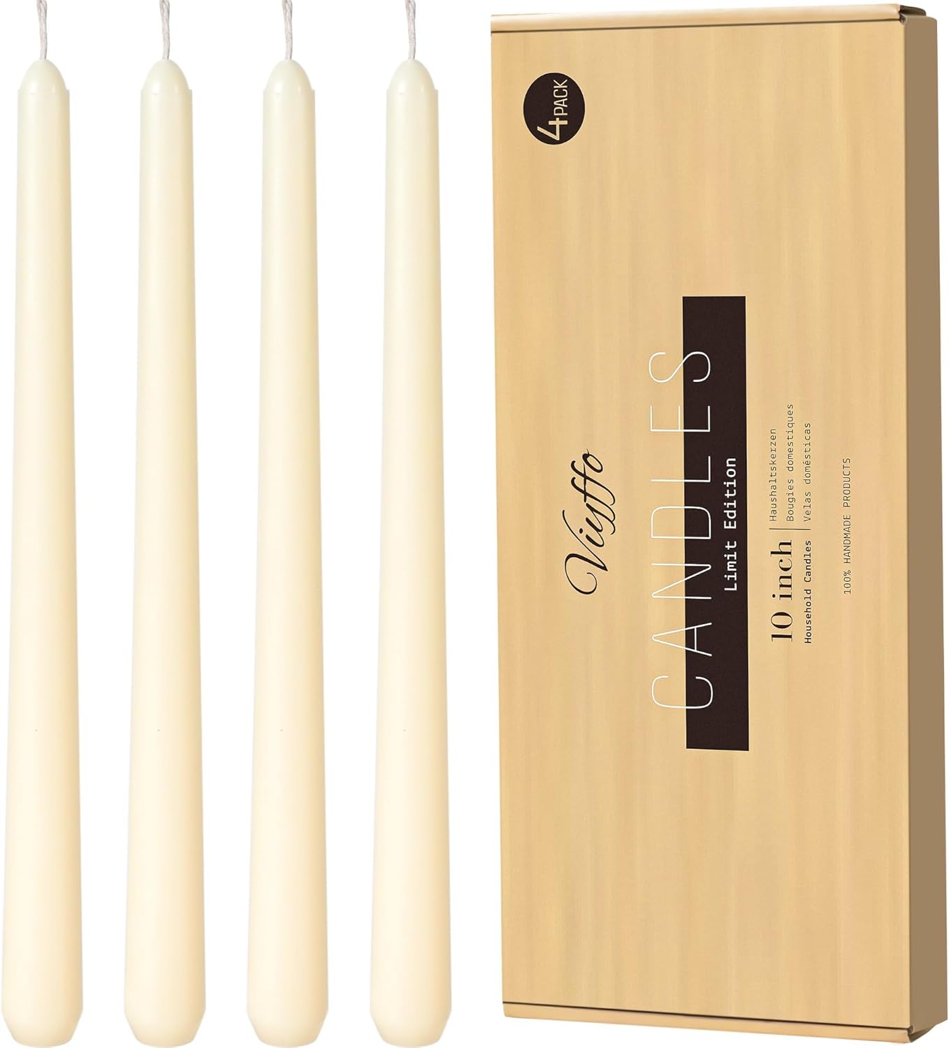 Viyffo Taper Candles, 10 Inch, 4 Pack, Olive Glow – Unscented, Dripless & Smokeless Design, Up to 8 Hour Burn – Long Tall Taper Candlesticks for Wedding, Dinner & Home Decor