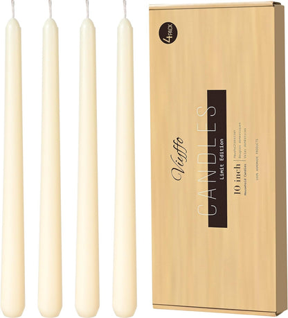 Viyffo Taper Candles, 10 Inch, 4 Pack, Olive Glow – Unscented, Dripless & Smokeless Design, Up to 8 Hour Burn – Long Tall Taper Candlesticks for Wedding, Dinner & Home Decor