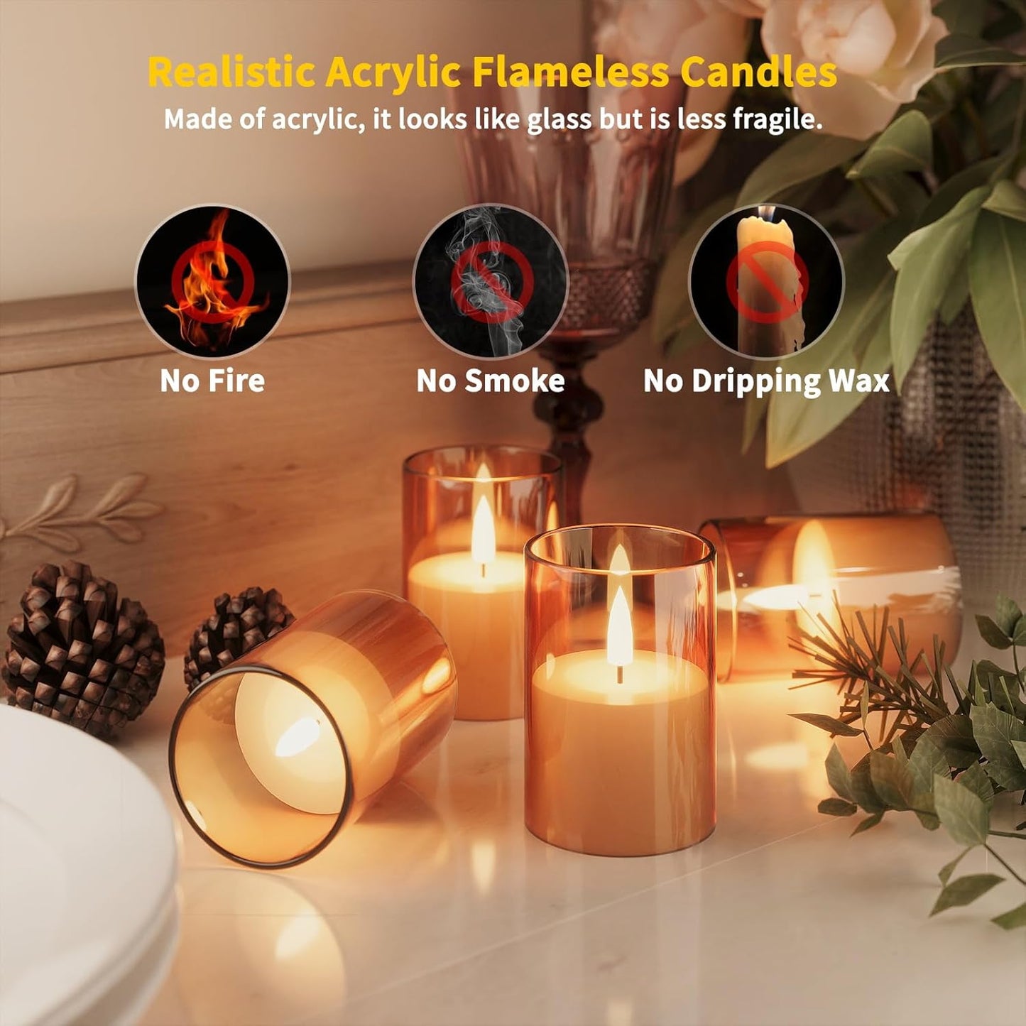 VIODAIM 12Pack Flickering Flameless LED Candles with Timer, Battery Powered - Small Pillar & Votive, Clear (2"X3")