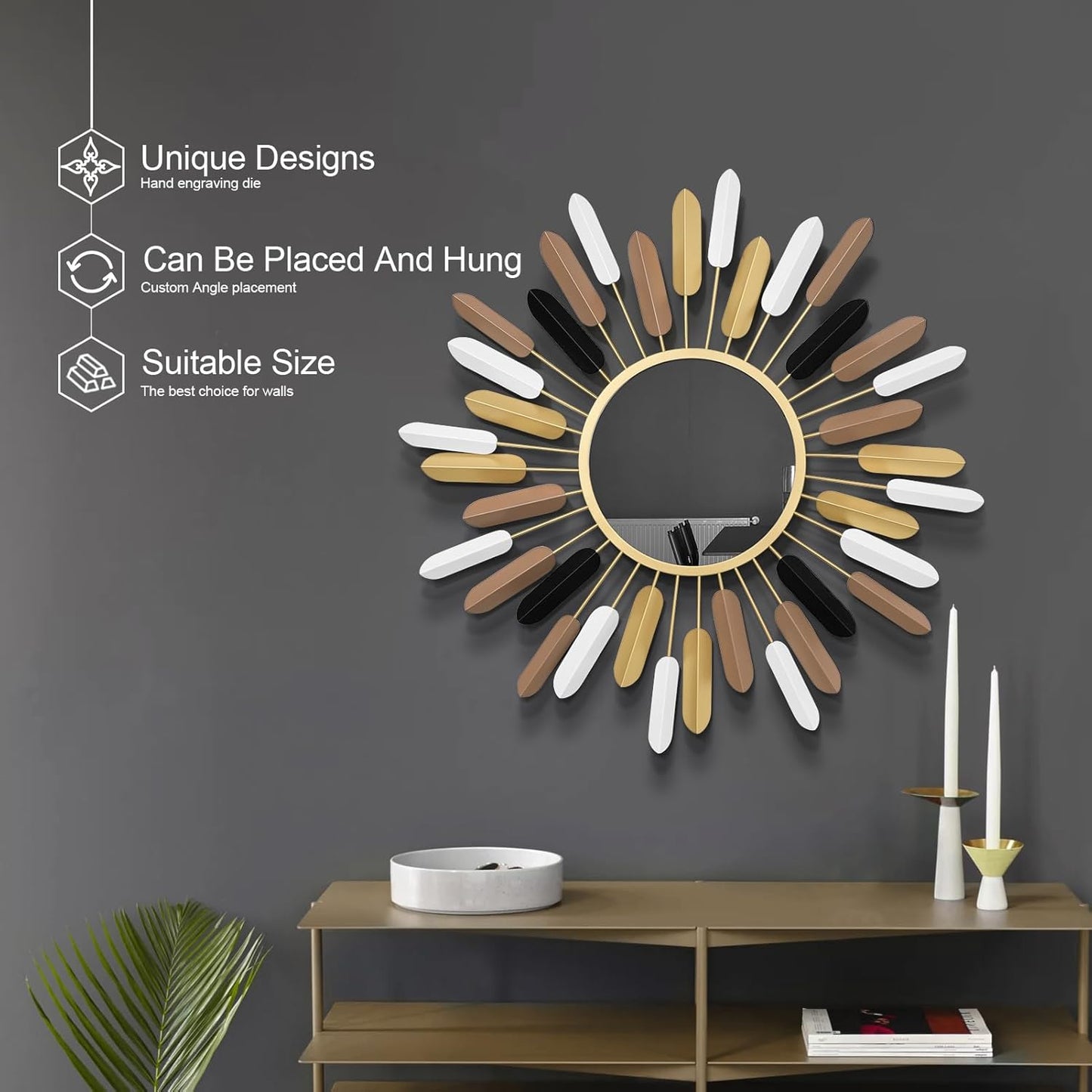 24" Gold Sunburst Decorative Wall Mirror – Handmade Flower Design, Luxury Round Accent Mirror Boho Wall Decor for Bedroom,Entryway, Dining Room & Kitchen