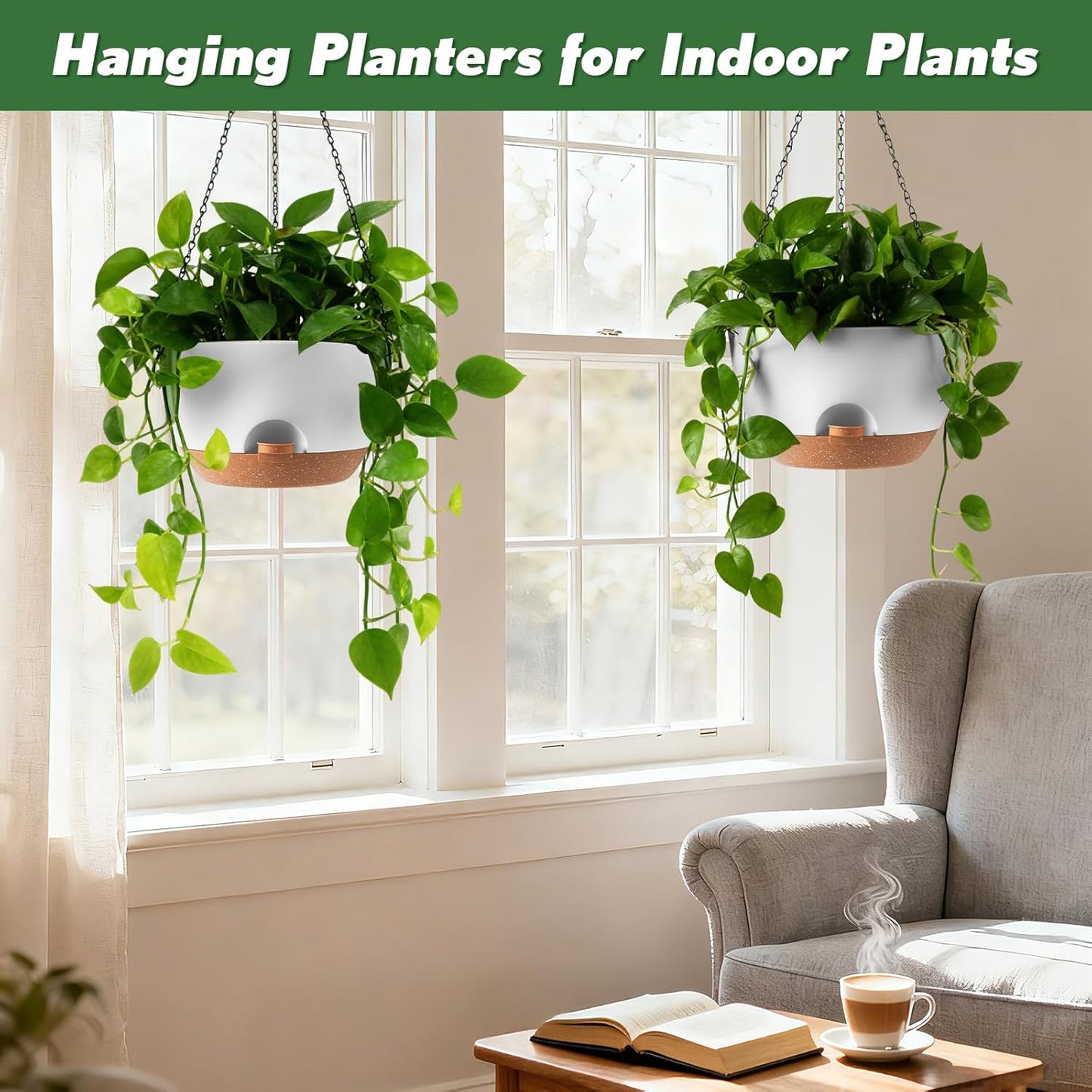 3-Piece Set of 10-Inch Hanging Planters with Automatic Watering System and Drip Tray, Includes Metal Chain, Suitable for Various Indoor and Outdoor Plants and Flowers, Green Brown