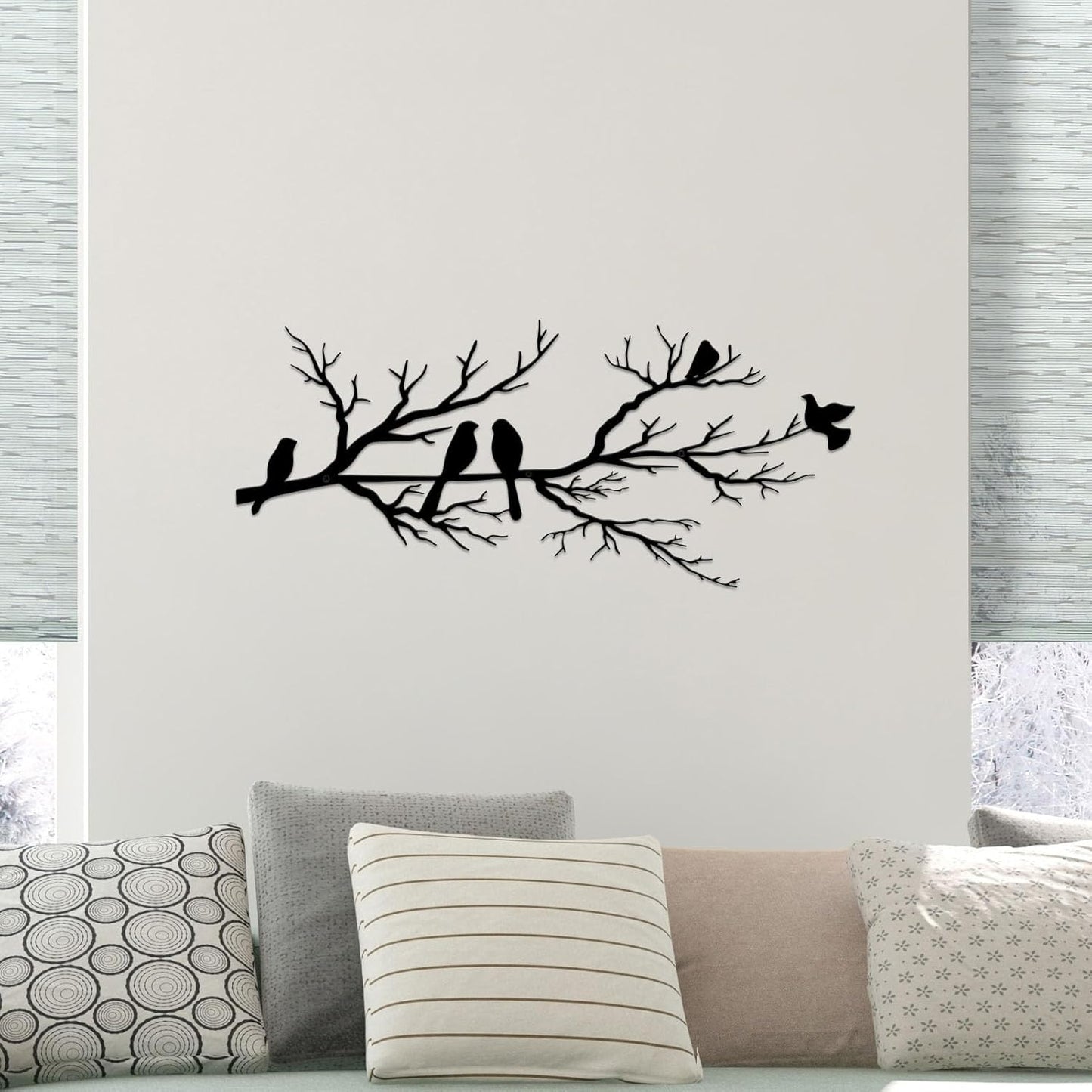 Metal Birds Wall Art, Metal Vivid Birds on Branch Silhouette Wall Decor Black Leaves with Bird Outdoor Hanging Wall Sculpture for Home Balcony Garden(Large)