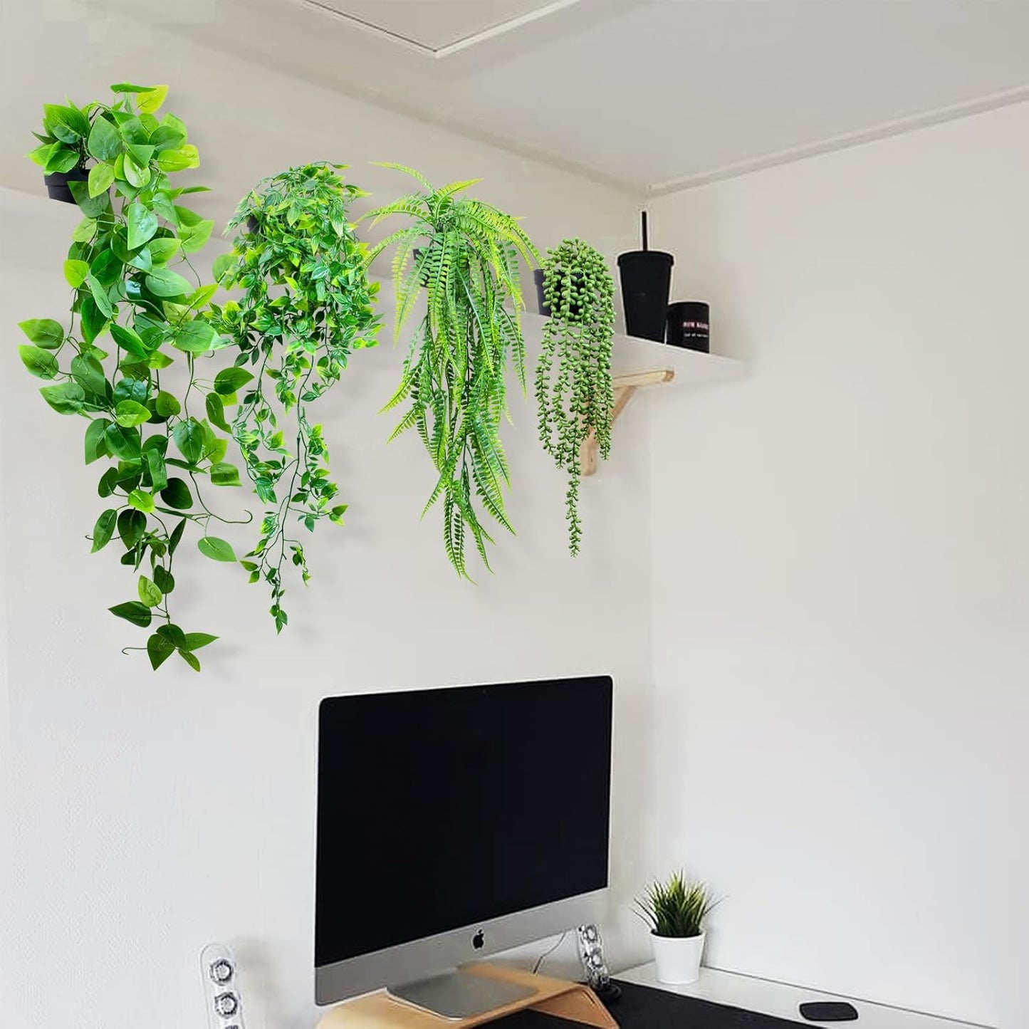 LOYWREE Fake Plants Indoor Artificial String of Pearls Plant in Black Pots, Realistic Green Faux Succulent Hanging Plants for Shelf Decor Desk Home Garden Decorations