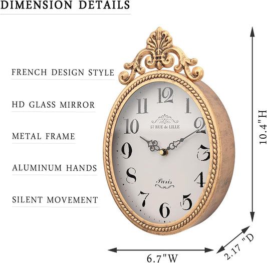 Abdurey Small French Retro Decorative Wall Clock, Antique Gold Vintage Oval Style,Silent Battery Operated Boho Decor Wall Clocks for Farmhouse,Kitchen,Bedroom,Bathroom(10.4" H x 6.7" W)