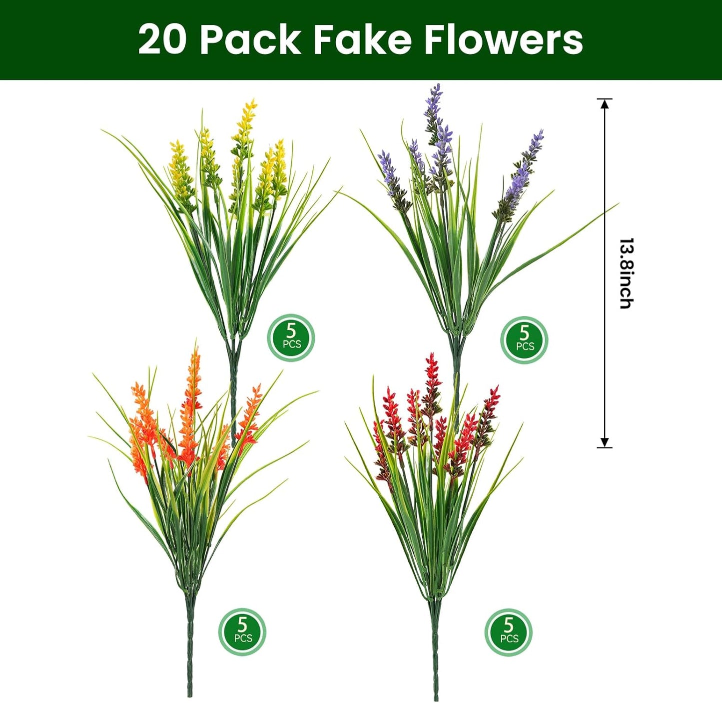 20 Bundles Artificial Plants Outdoor, UV Resistant Fake Flowers， Realistic Faux Lavender Shrubs for Porch Garden Window Box Home Decoration (Purple)