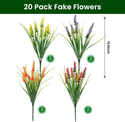 20 Bundles Artificial Plants Outdoor, UV Resistant Fake Flowers， Realistic Faux Lavender Shrubs for Porch Garden Window Box Home Decoration (Purple)